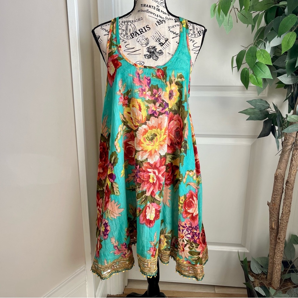 Studio Spa Floral Cotton Sequin Hem Sleeveless Boho Swing Dress Green Sz S